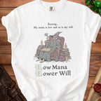 White t-shirt with skeleton wizard illustration and text "Resting... My mana is low and so is my will. Low Mana Lower Will."