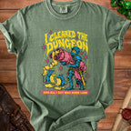 Green t-shirt with knight holding a scroll, blue mice, and text "I cleared the dungeon and all I got was more lore."