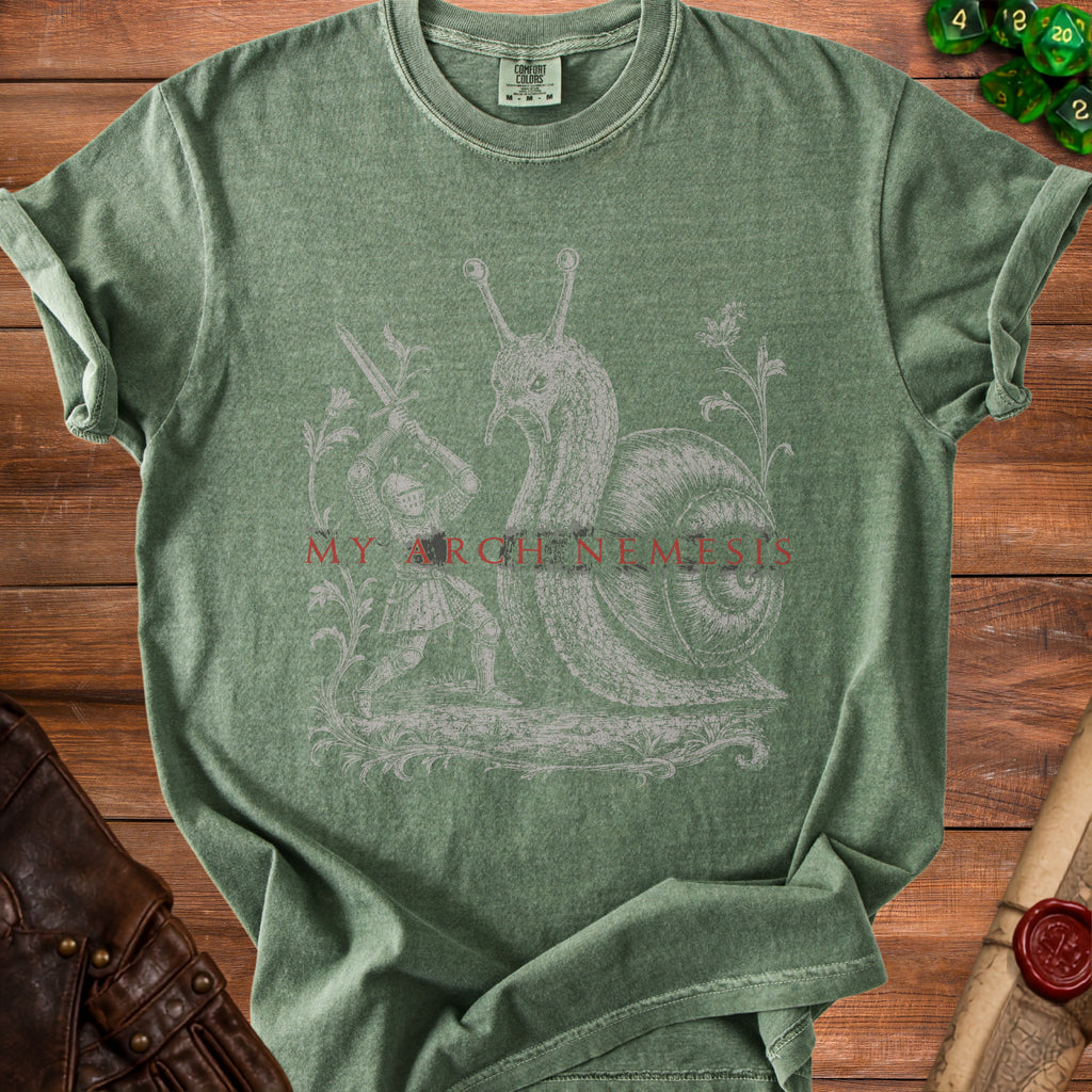 Green t-shirt with a knight fighting a snail graphic and text "MY ARGHINEMESIS".