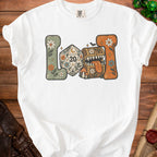 White t-shirt with retro-style dice, treasure chest, and floral design.