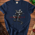 Knight in armor striking a pose with sword, text "SEND HELP" in red.