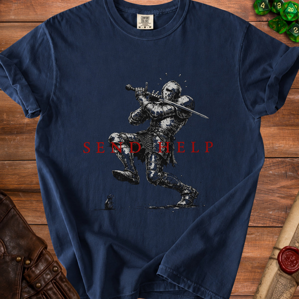 Knight in armor striking a pose with sword, text "SEND HELP" in red.