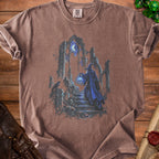 T-shirt with a wizard and raven graphic on ruined stone stairs.