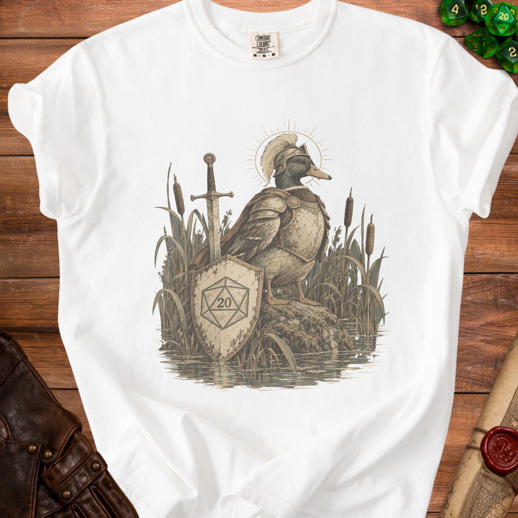 Armored duck with sword and d20 shield in a wetland scene.