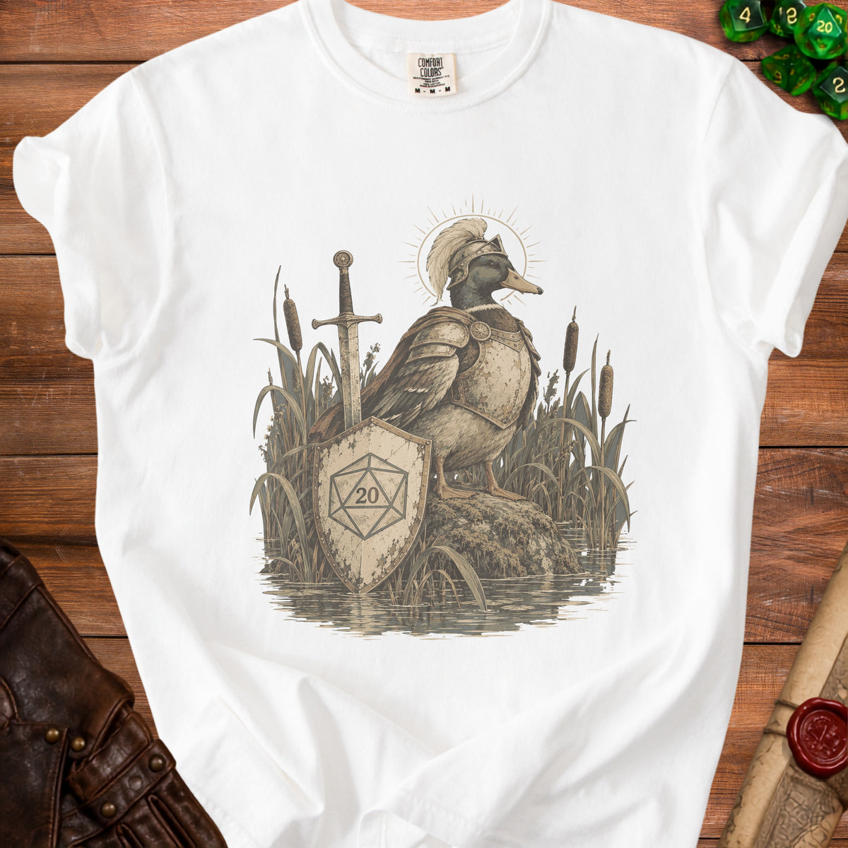 Armored duck with sword and d20 shield in a wetland scene.