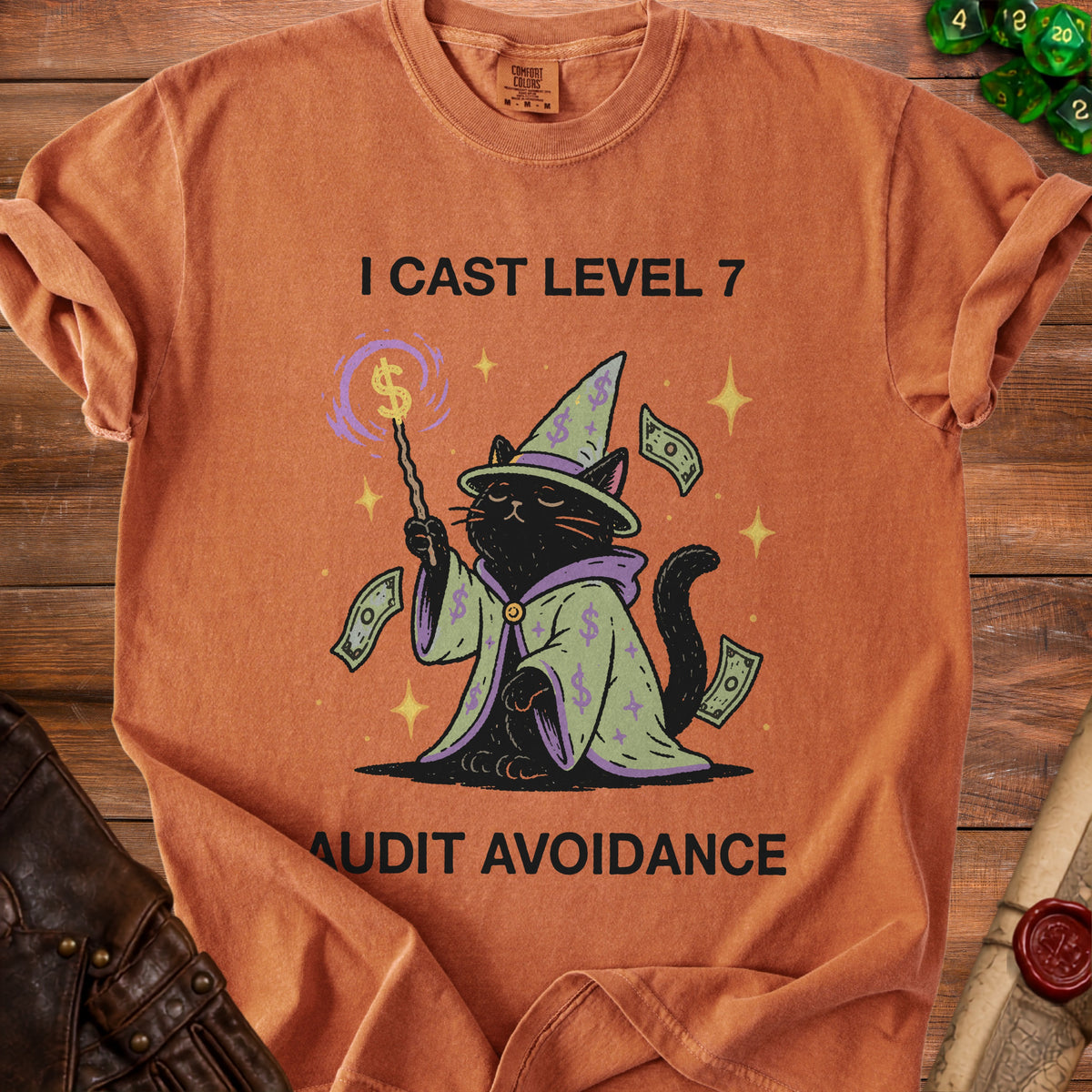 Black cat wizard with dollar signs on hat and robe, casting spell, text "I CAST LEVEL 7 AUDIT AVOIDANCE".