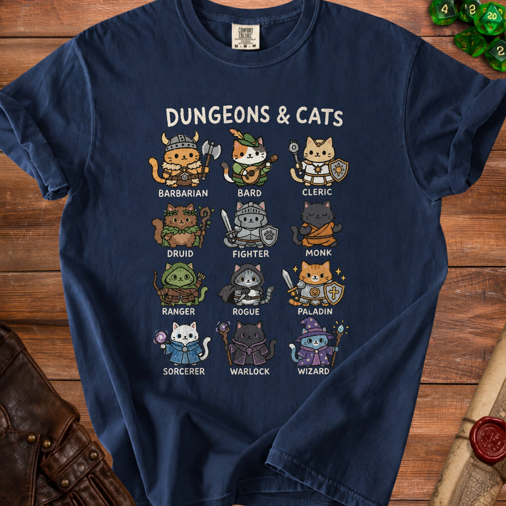 Dungeons & Cats shirt with cats in fantasy roles: barbarian, bard, cleric, druid, fighter, monk, ranger, rogue, paladin, sorcerer, warlock, wizard.