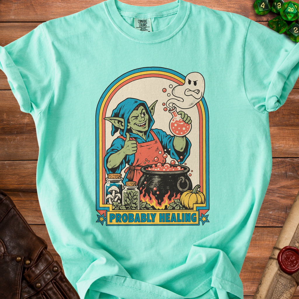 Mint green t-shirt with a goblin and angry ghost brewing potion; text: "PROBABLY HEALING".
