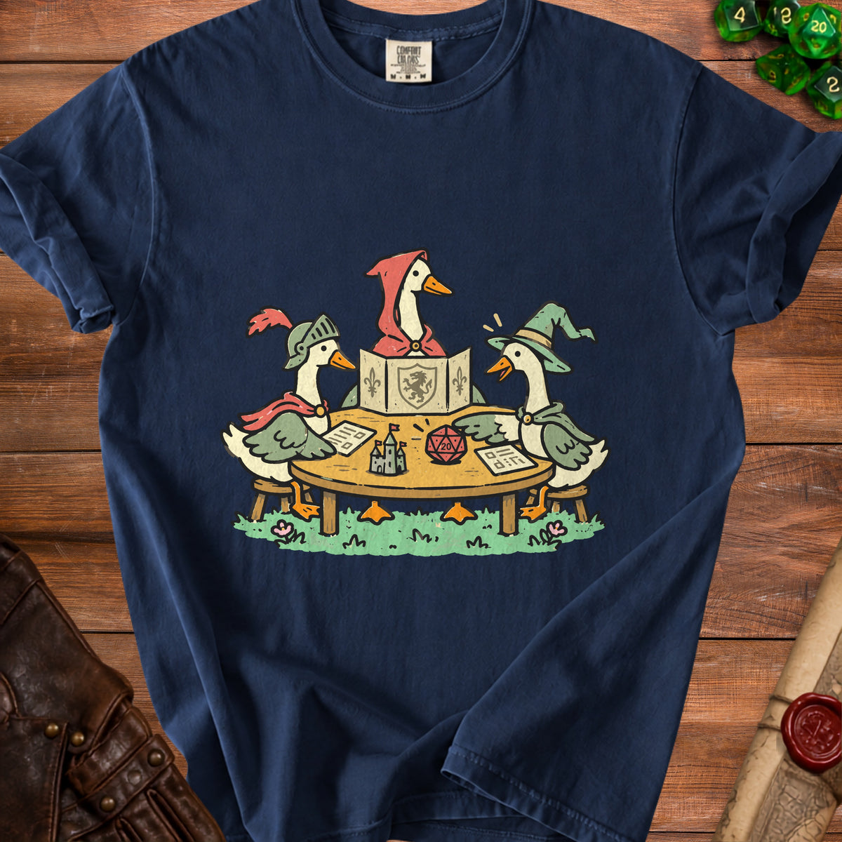 Three ducks dressed as adventurers play a tabletop role-playing game around a table.