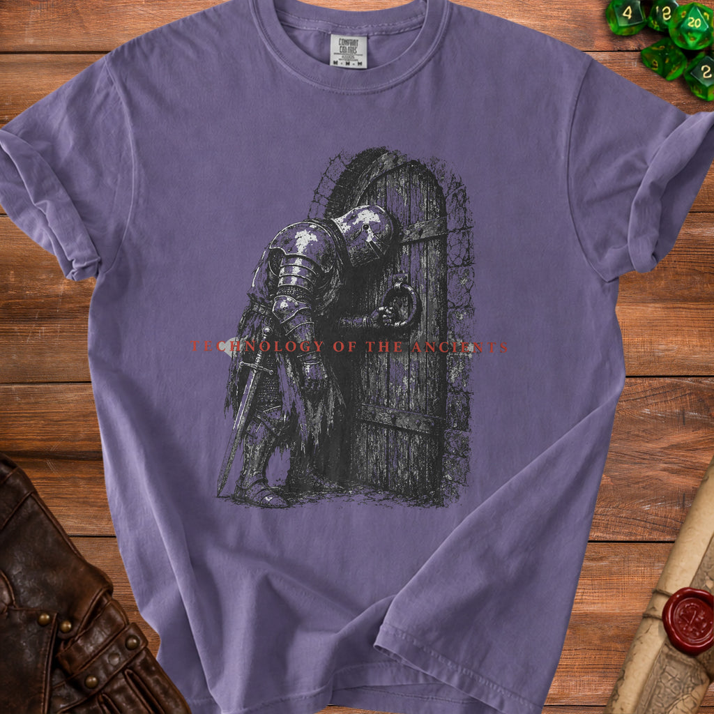 T-shirt with knight reaching for a wooden door, text "TECHNOLOGY OF THE ANCIENTS".