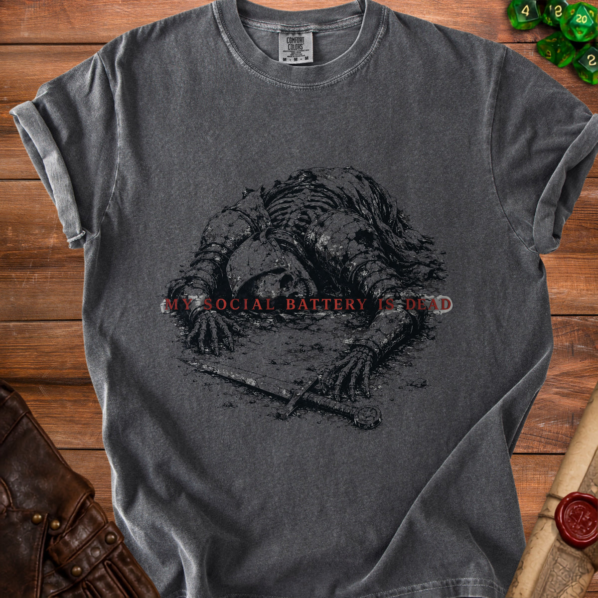 Dark grey t-shirt with graphic of a skeletal knight and the text "MY SOCIAL BATTERY IS DEAD".