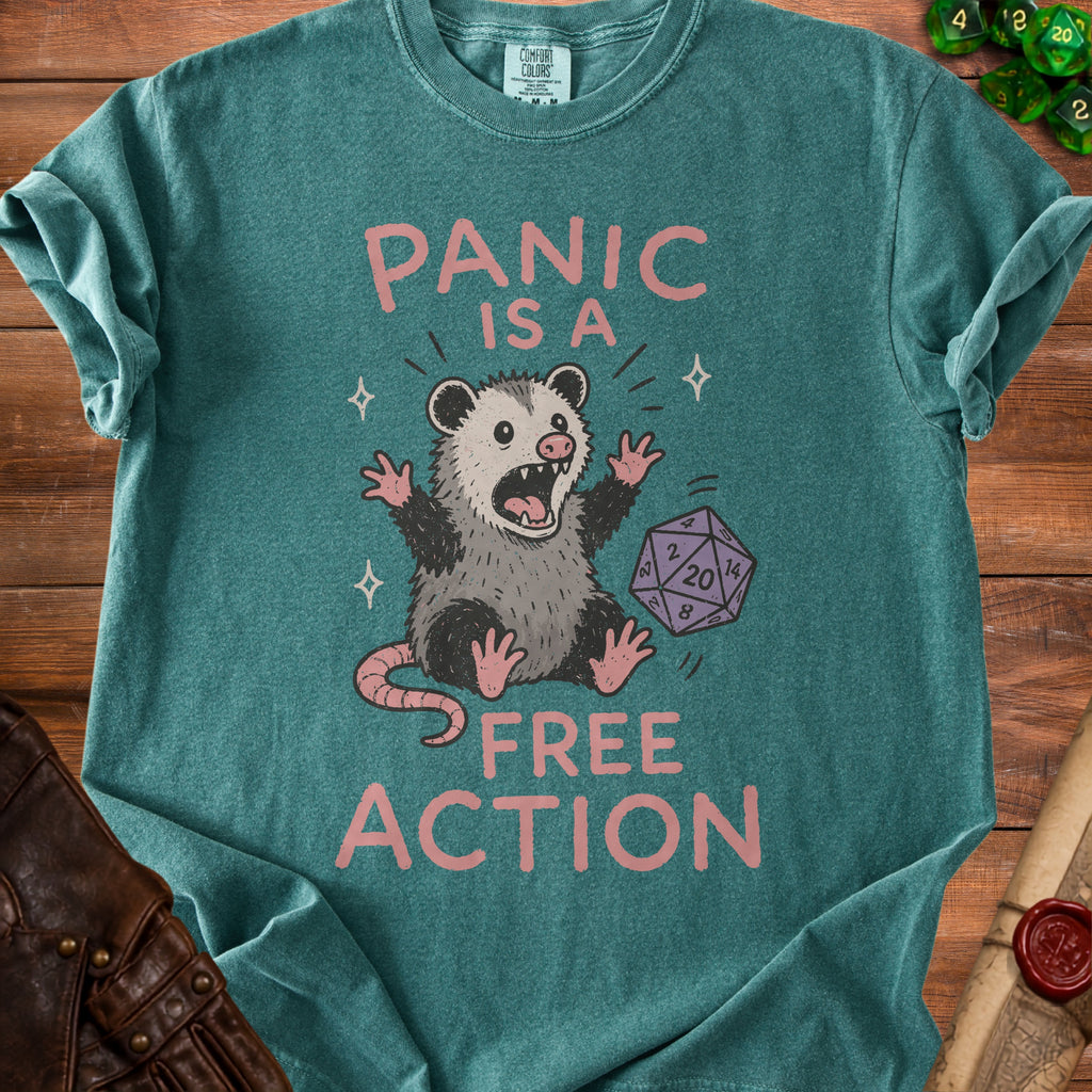 Teal t-shirt with a screaming opossum and the words "PANIC IS A FREE ACTION".