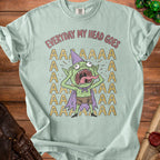 Mint green t-shirt with distressed graphic of a goblin yelling "EVERYDAY MY HEAD GOES AAAAAA".