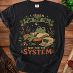 Frog wearing shirt and tie, holding coffee, with text "I yearn for the bog not for the system".