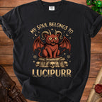 Black t-shirt with a winged demon cat, skulls, and text "My soul belongs to Lucipurr".