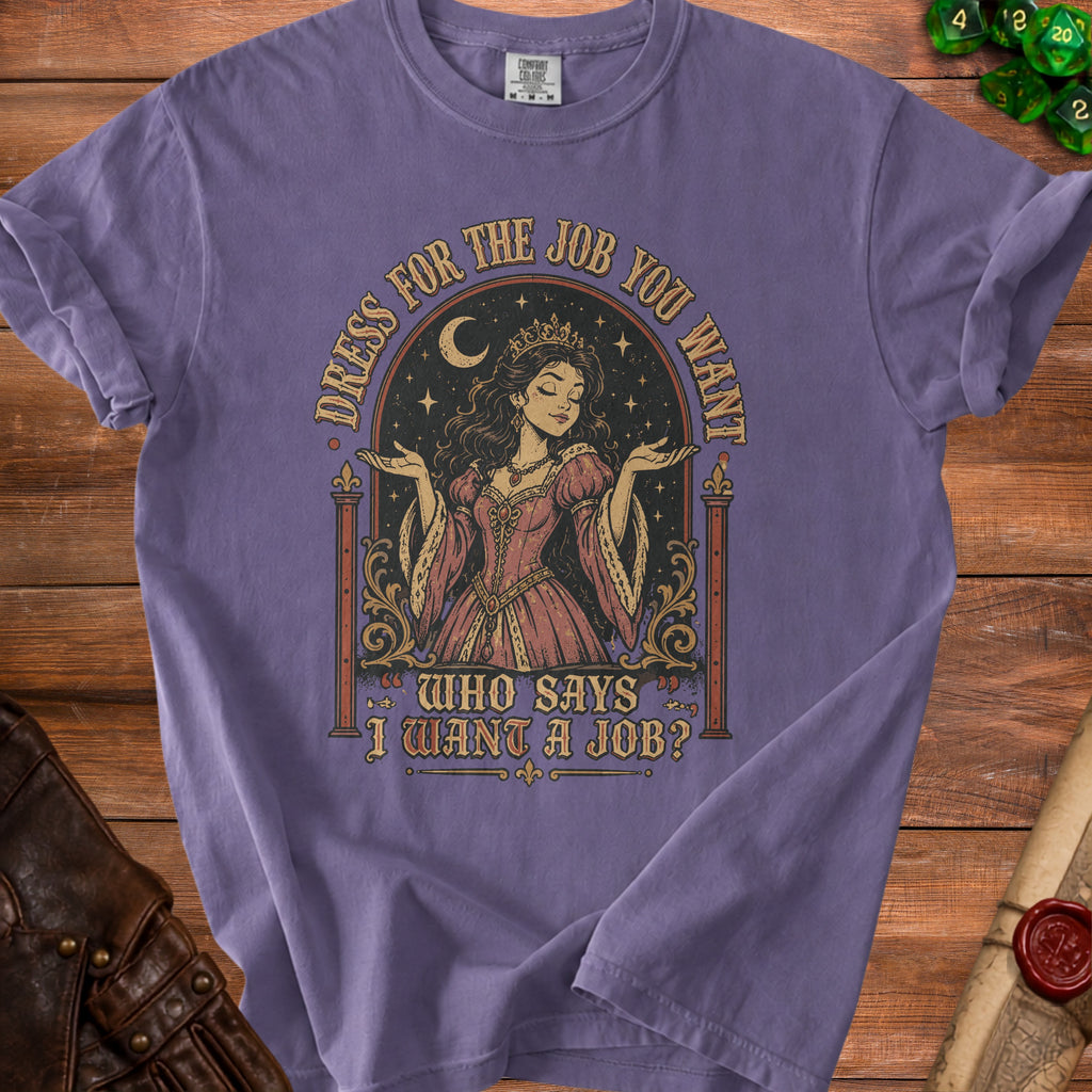 Purple t-shirt with a regal woman and text "Dress for the job you want".
