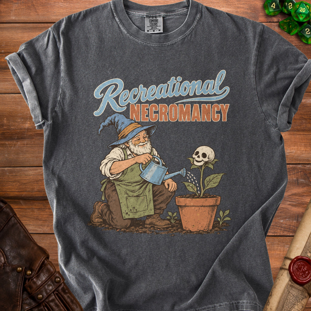 T-shirt graphic of wizard watering a skull-shaped plant with text "Recreational Necromancy."