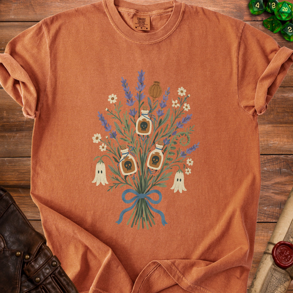 T-shirt with spooky bouquet of potion bottles, ghosts, and lavender.
