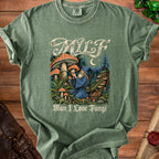 Green t-shirt with wizard holding mushroom and "Milf Man I Love Fungi" text.