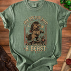 Green t-shirt with artwork of an angry horse and knight, text reads "My Doctor Said I'm Morbidly A Beast".