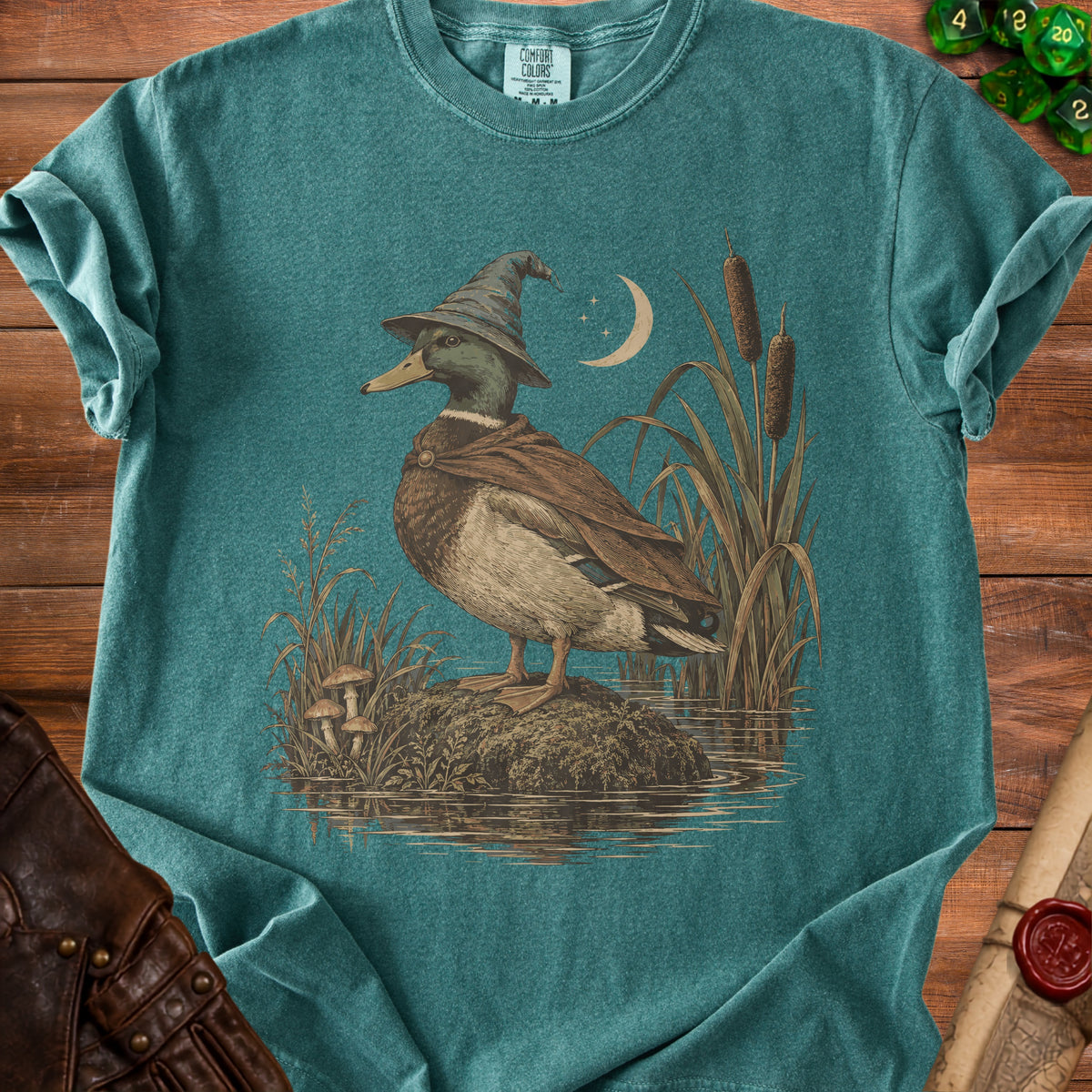 Mallard duck wearing a wizard hat and cloak by reeds and mushrooms.