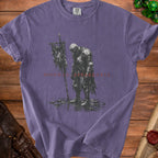 Purple t-shirt with illustration of a knight and the text "MONDAY, APPARENTLY".