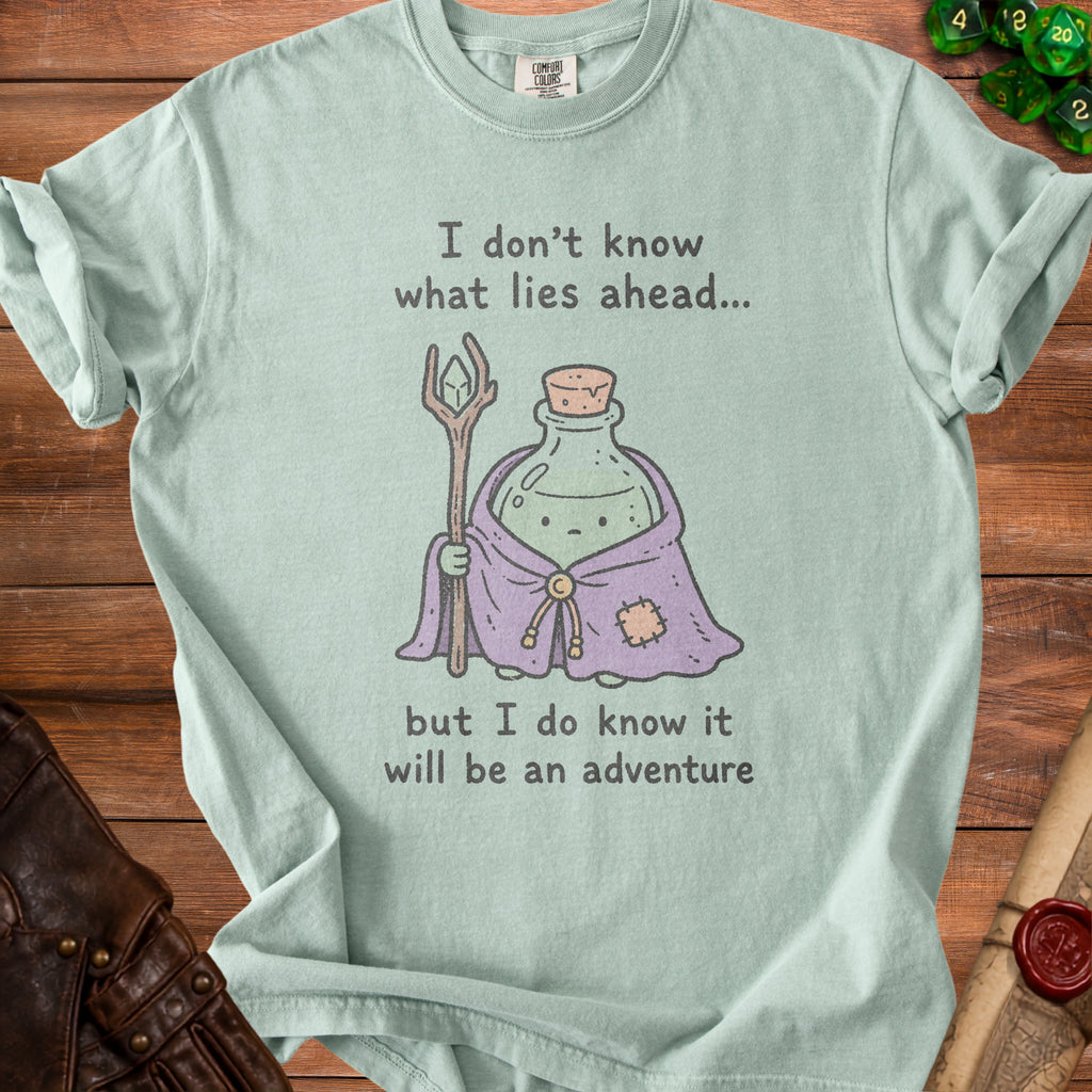 Pale green t-shirt with a potion character holding a staff and the text "I don't know what lies ahead... but I do know it will be an adventure".