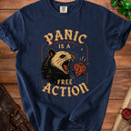 Navy t-shirt graphic of a snarling possum and dice with text "Panic is a Free Action".