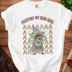 White t-shirt with distressed graphic of screaming goblin and "EVERYDAY MY HEAD GOES AAAAAA" text.