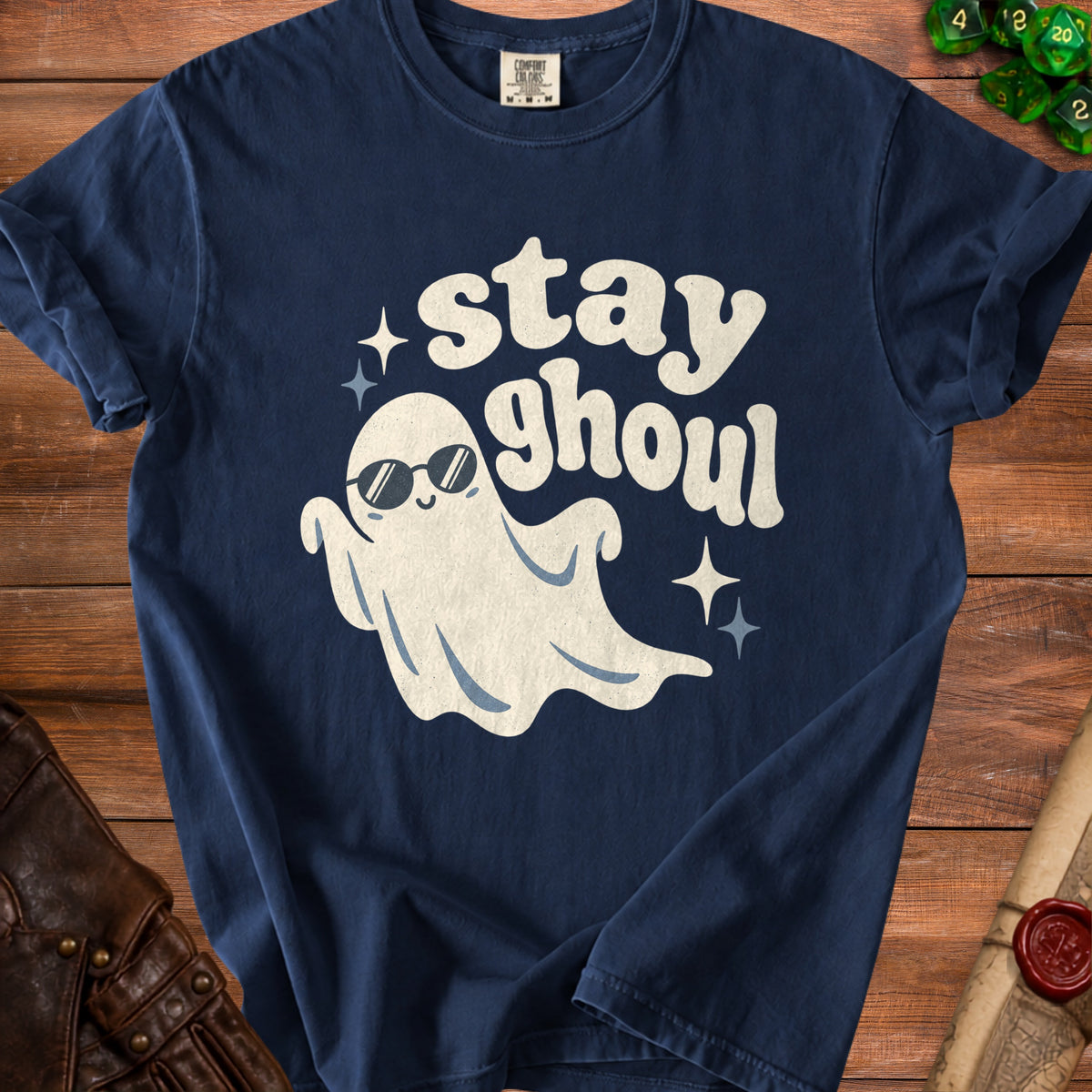 Navy t-shirt with a "stay ghoul" graphic featuring a ghost in sunglasses.