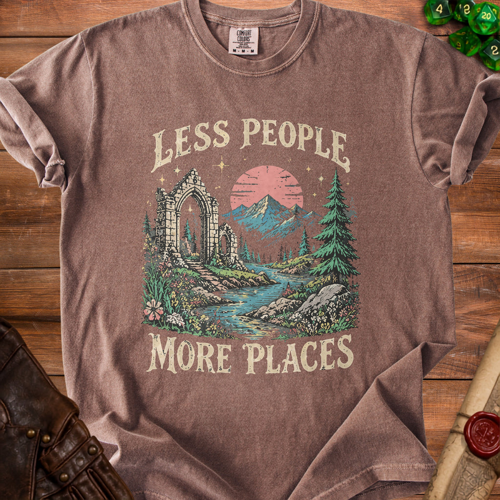 T-shirt with "Less People More Places" text and a scenic landscape graphic.