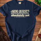Navy t-shirt with "SIDE QUEST? absolutely not" text and dice graphic.