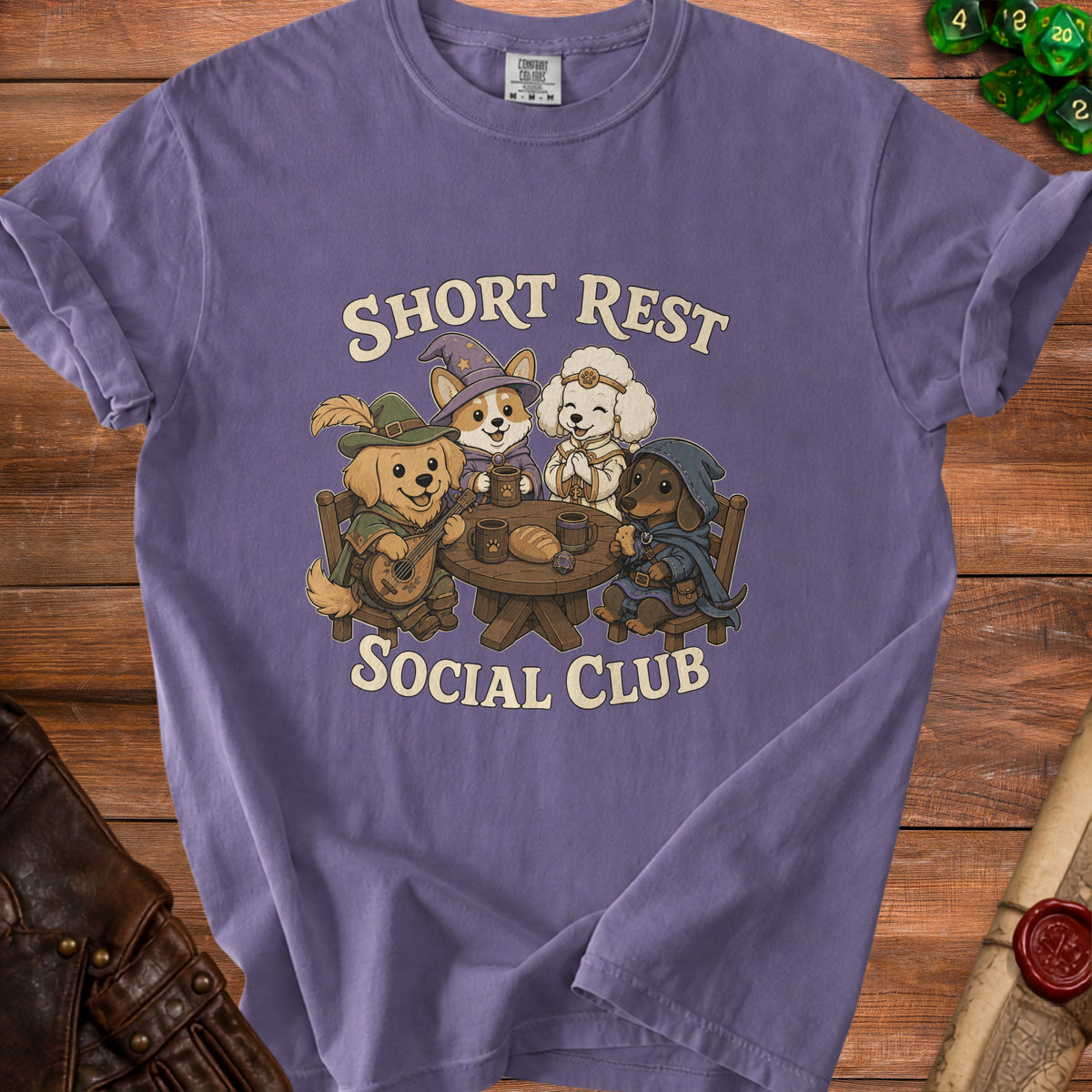 Four cartoon dogs in fantasy attire sit at a table with text "SHORT REST SOCIAL CLUB".