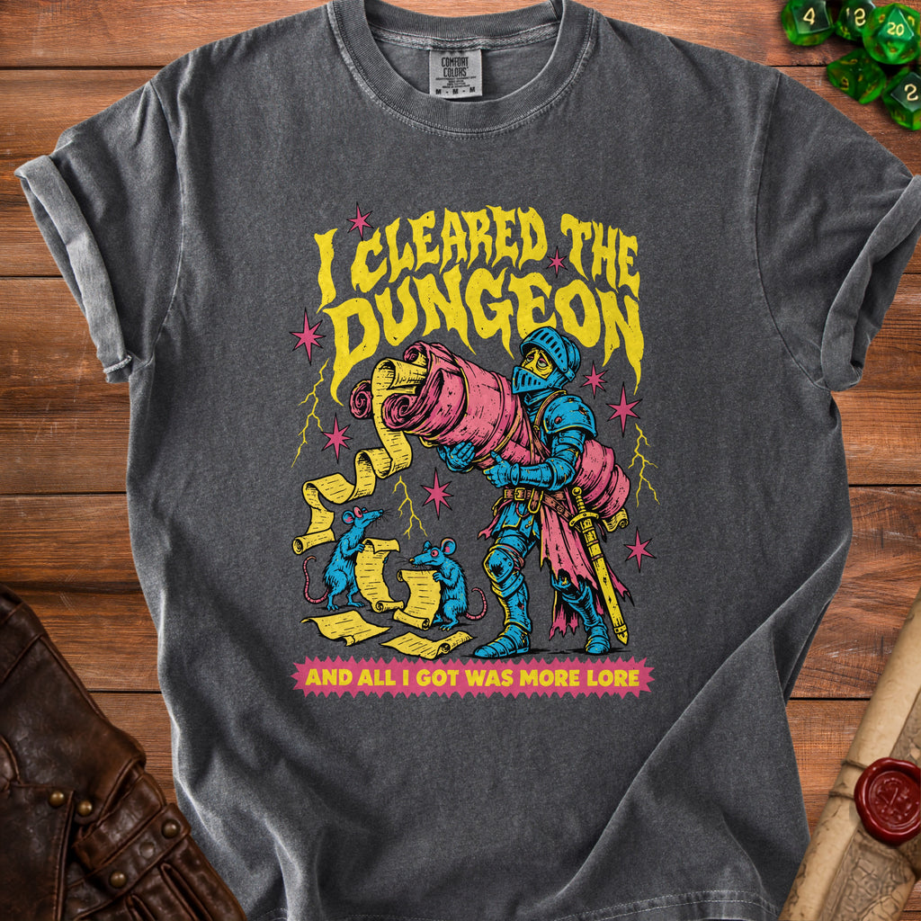 T-shirt with a knight, mice, and scrolls, reading "I cleared the dungeon and all I got was more lore."
