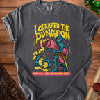 T-shirt with a knight, mice, and scrolls, reading "I cleared the dungeon and all I got was more lore."