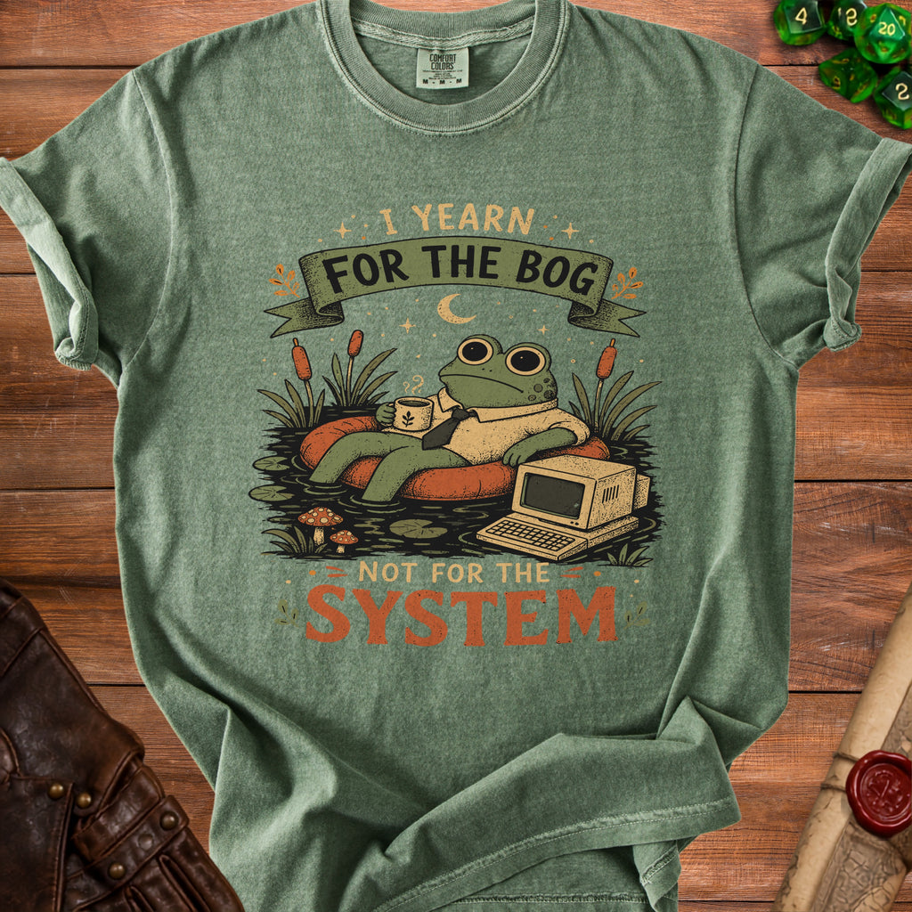 Green t-shirt with a frog holding coffee, text "I yearn for the bog, not for the system."