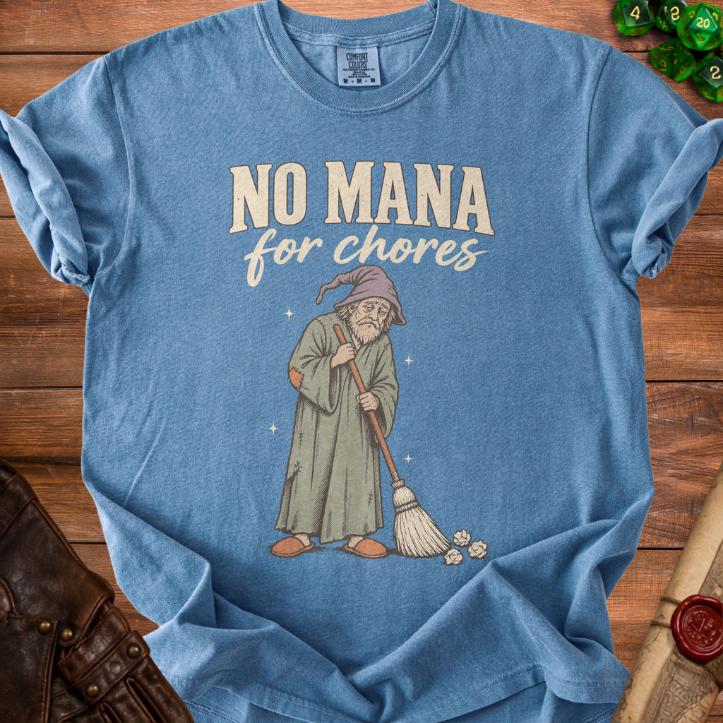 Blue t-shirt with wizard character and "NO MANA for chores" text.