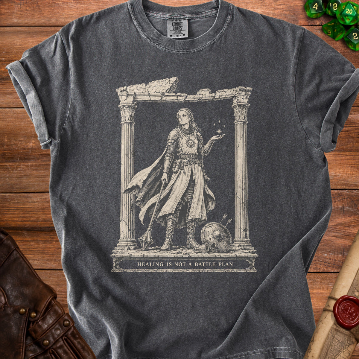 Dark grey t-shirt with warrior woman graphic and text "Healing is not a battle plan".