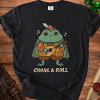 Black t-shirt with a cartoon frog playing a lute and the text "CROAK & ROLL".