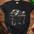 Black t-shirt with a distressed print of a knight in armor holding a mug, text reads "Mentally I'm at the Tavern".