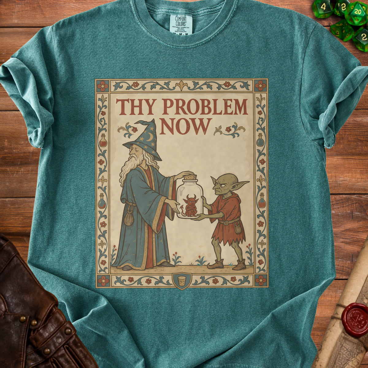 Wizard offers jar with small imp to goblin, with text "Thy Problem Now".