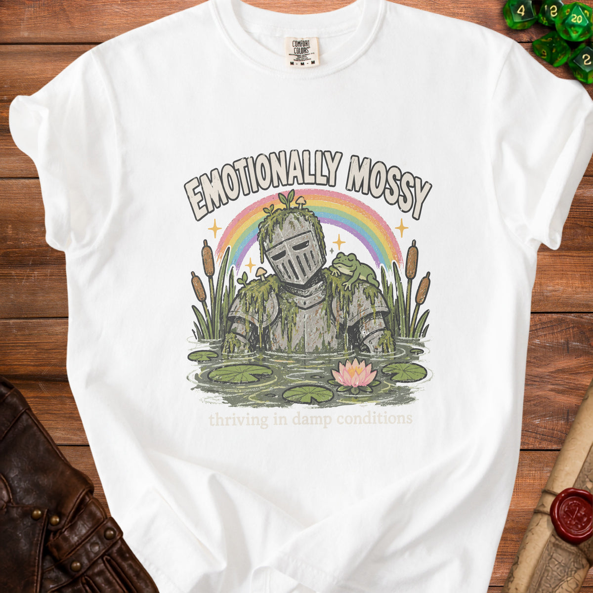 Knight in mossy armor with frog and text "Emotionally Mossy".