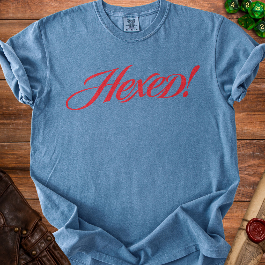 Blue t-shirt with red "Hexen!" text and Comfort Colors tag.