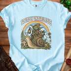 Light blue t-shirt with goblin riding snail, "Socially Unavailable" and "gone foraging" text.