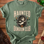 Green t-shirt with "HAUNTED DUNGEON CLUB" text and a ghost holding keys.