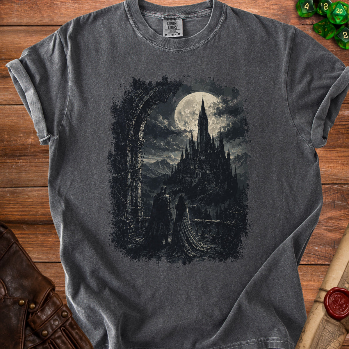Dark t-shirt with gothic castle and couple under full moon graphic.