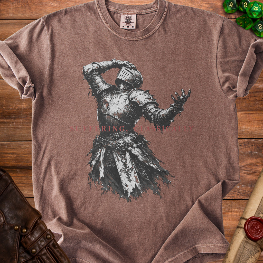 Brown t-shirt with distressed knight graphic and "RING CLASSIC" text.