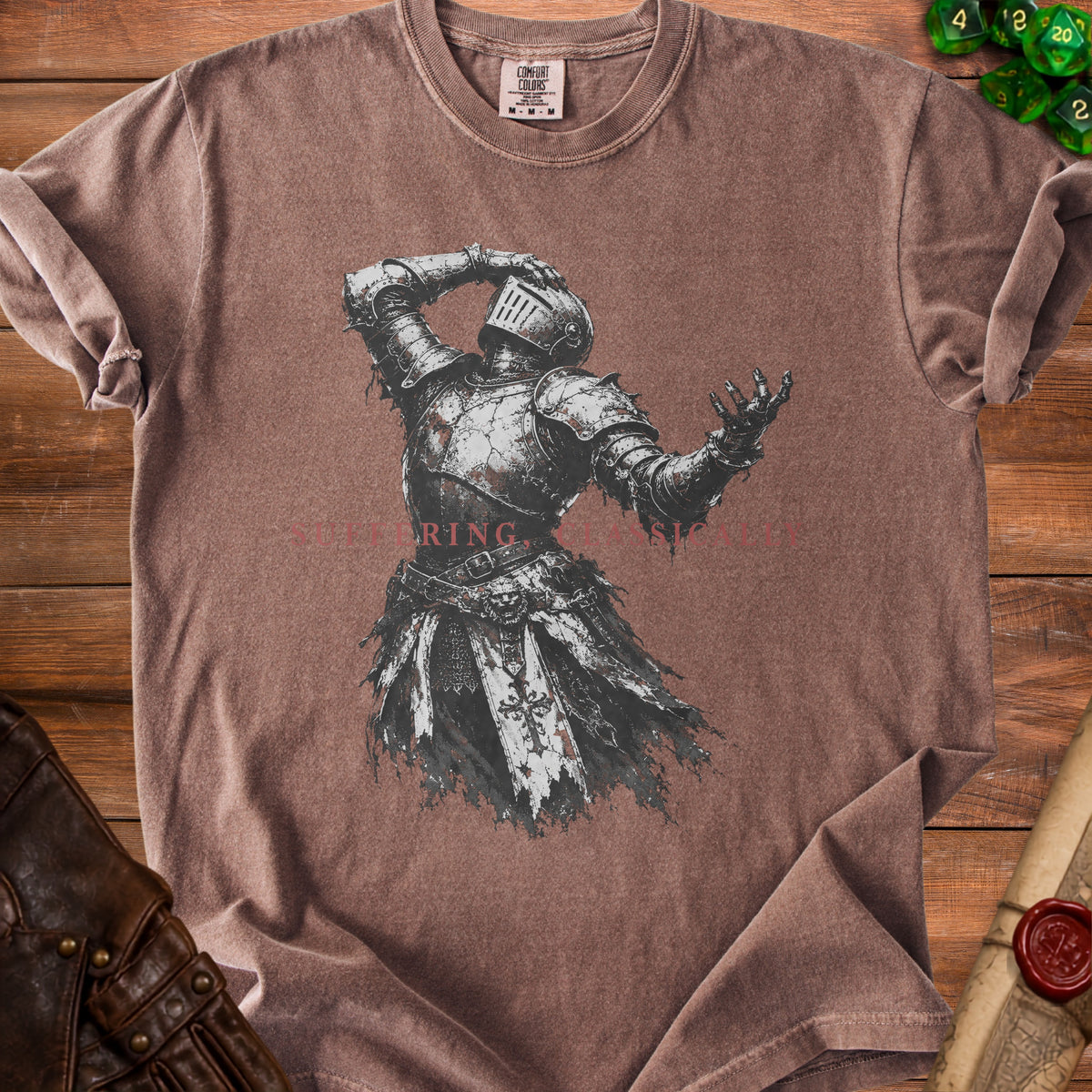 Brown t-shirt with distressed knight graphic and "RING CLASSIC" text.