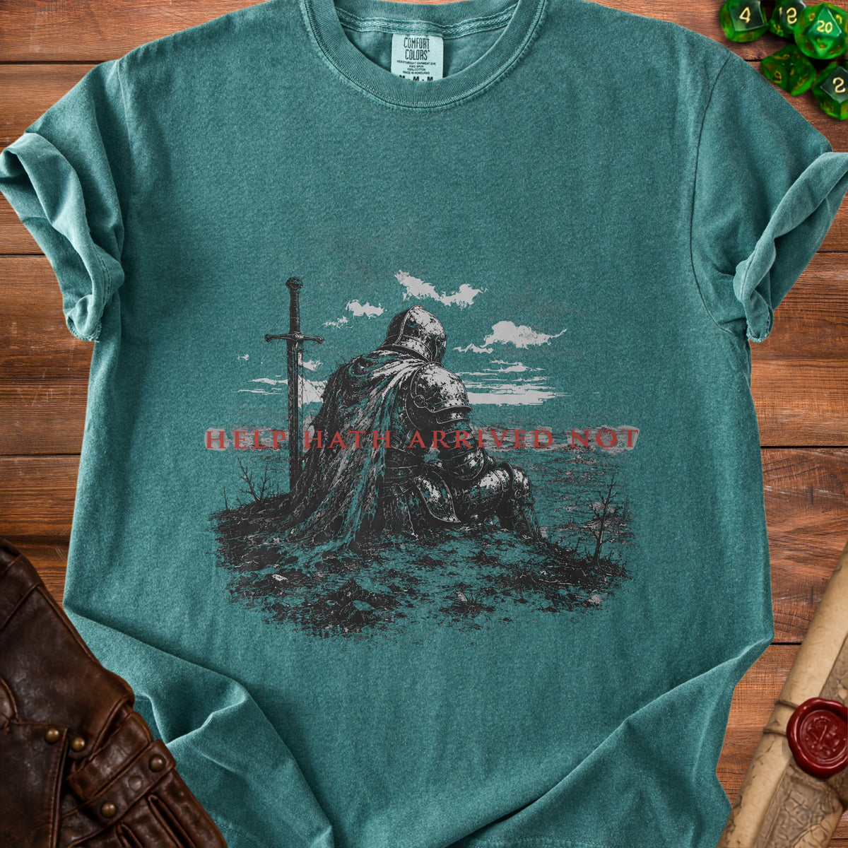 Knight in armor sitting with sword, text "HELP HATH ARRIVED NOT".