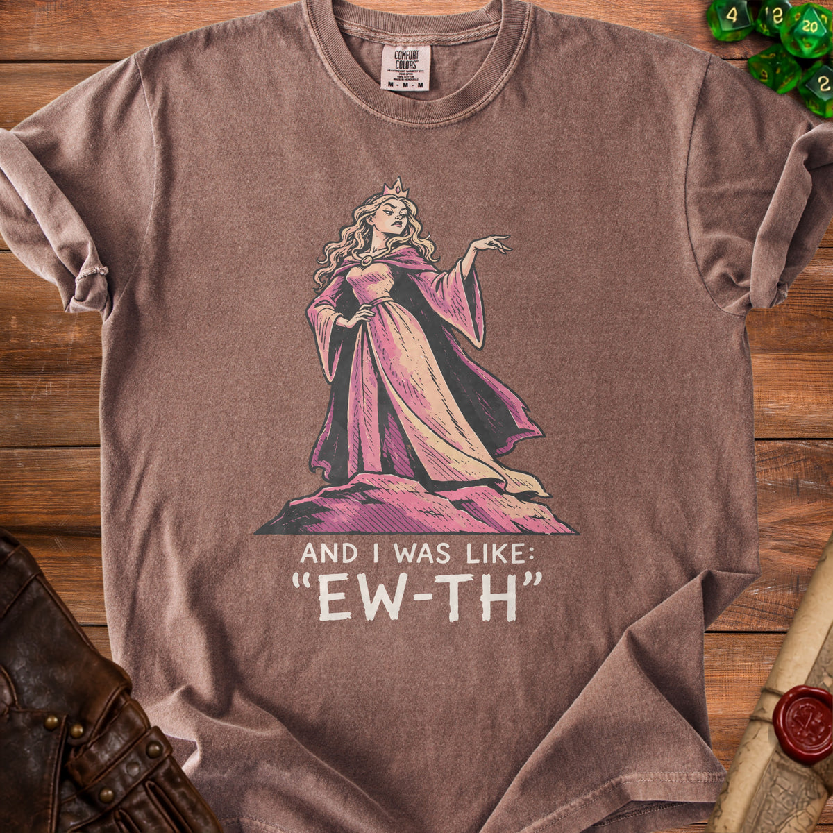 T-shirt with princess graphic and "And I was like: 'EW-TH'" text.